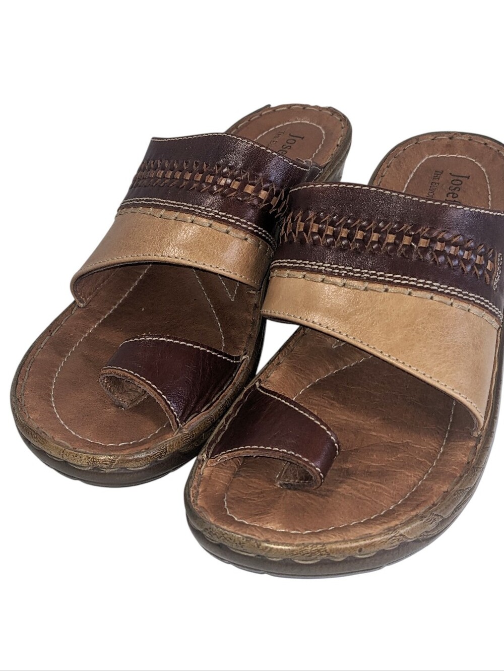 Josef Seibel Two-Tone Brown & Tan Leather Slide Sandals Size EU40 U S 9-9.5 Flaw